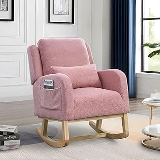 Rocking Glider Chair for Nursery, Wingback Accent Rocker Chair Upholstered Tall Back Arm Chair w/Side Pockets, Modern Leisure Single Sofa for Living Room, Hotel, Bedroom, Baby Room, Pink