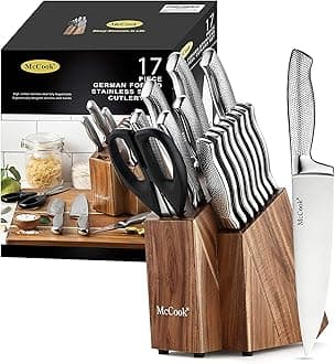 Premium Knife Sets,Full Tang Hammered German Stainless Steel Kitchen Knife Set with 8 Pieces Steak Knives and Acacia Block