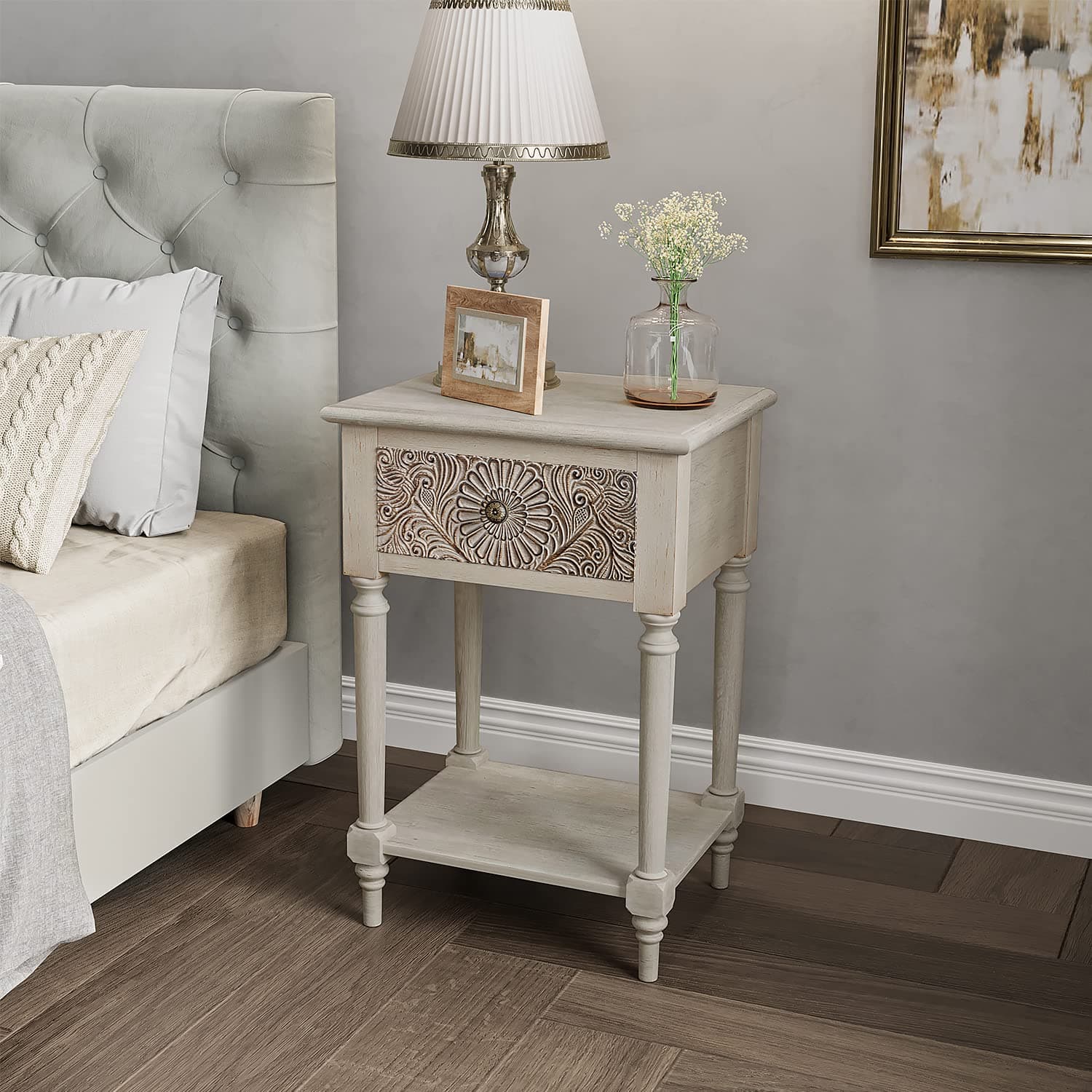 COSIEST Vintage Nightstand, MDF 2-Tier Bedside Table, Wood Accent End Table with Storage Drawer and Open Display Shelf for Bedroom Living Room