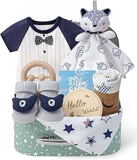 Golray Baby Boy Gifts for Baby Shower, 9pcs Newborn Essential with Fox Lovey/Blanket/Onesie/Wooden Rattle/Socks/Bib/Suitcase, Welcome Baby Gift Box Gender Reveal Infant Boy Gift Basket Set 0-6 Month