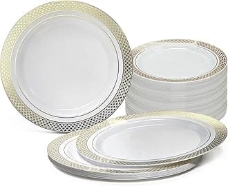 " OCCASIONS " 120 Plates Pack, Heavyweight Disposable Wedding Party Plastic Plates (10.5'' Dinner Plate, Celebration in White & Gold)