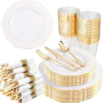 Liacere 350PCS Gold Plastic Plates-Disposable White and Gold Plates 50guest Baroque Plastic Dinnerware include 100Plates, 50Pack Pre Rolled Napkins with Silverware 50Cups for Wedding & Mothers Day