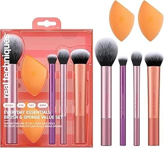 6 Piece Everyday Essentials Makeup Brush Set, Includes 4 Brushes & 2 Makeup Sponges, For Foundation, Blush, Bronzer, Contour, Eyeshadow, & Powder, Travel Gift Set, Cruelty-Free & Vegan