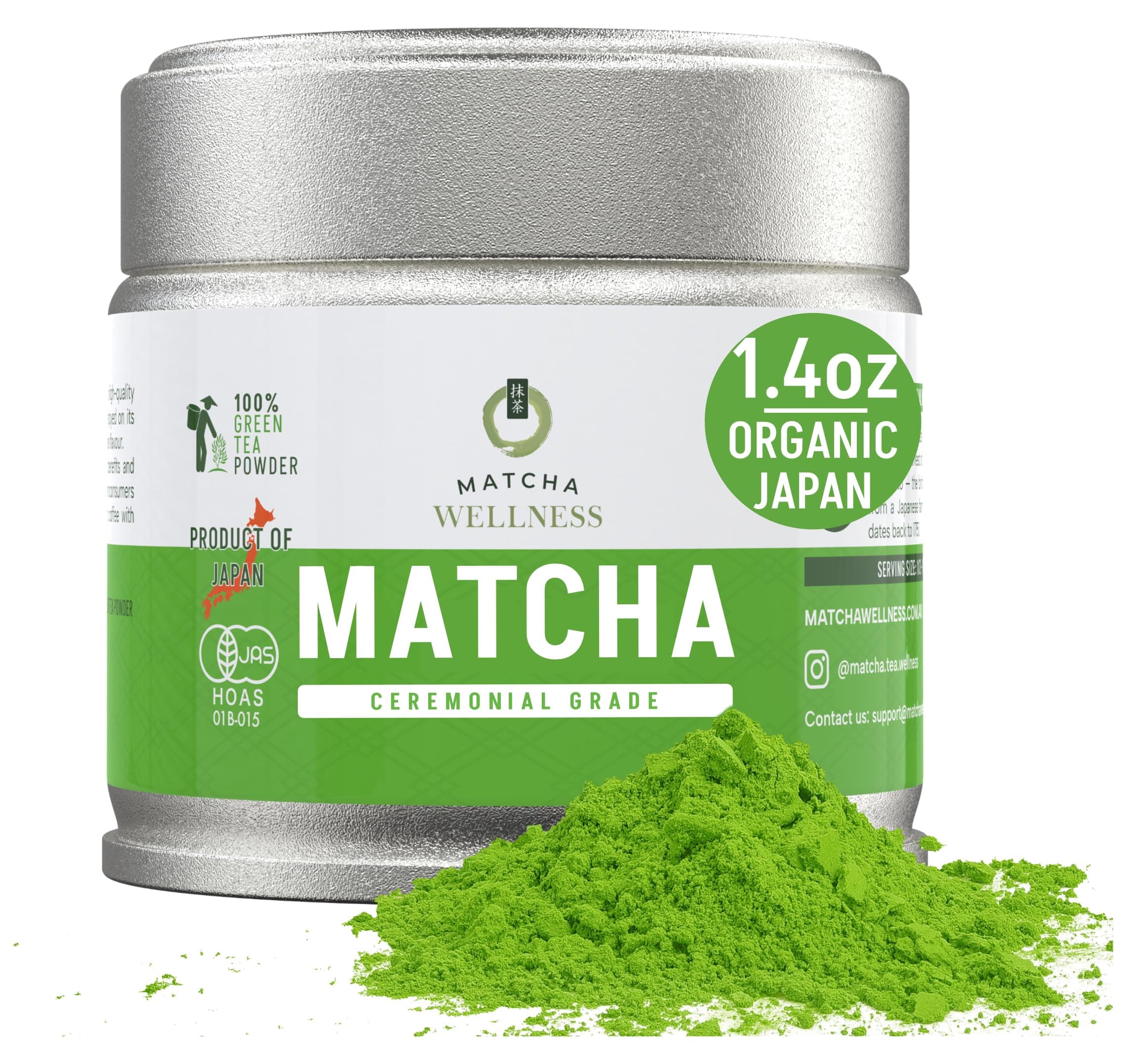 Matcha Wellness Ceremonial Grade Matcha Powder – Organic First Harvest Japanese Green Tea from Kyoto – 1.4oz – No Sugar, No Additives, No Gluten