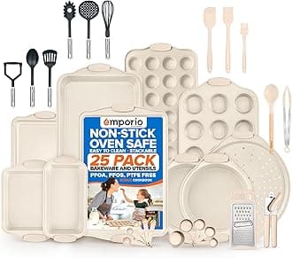 Baking Pan Set - Nonstick Coating, Carbon Steel Bakeware Set with White Silicone Handle, PFOA, PFOS, PTFE Free, Recipe Booklet Included, Oven Safe Tray (Up To 450° F) Set of 25 - White