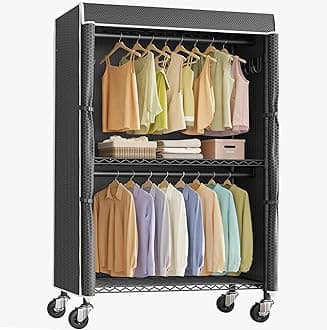 - VIPEK R2C Heavy Duty Rolling Garment Rack with Cover, Portable Closets with Double Rods & Lockable Wheels, Covered Clothing Rack for Hanging Clothes, Black Rack with Black Upgraded Polyester Cover