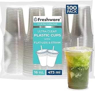 Freshware Clear Plastic Cups with Flat Lids and Straws [100 Cups - 16 oz] Disposable Cups for Iced Coffee, Smoothie, Milkshake, Cold Drinks