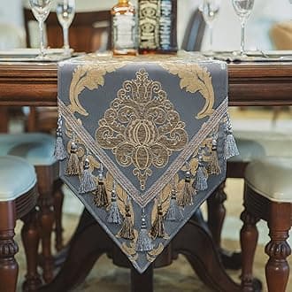 Table Runner with Handmade Tassels, Luxury Table Runner for Dining Room/Restaurant/Banquet/Festival Decoration (33x228cm, Grey Blue)