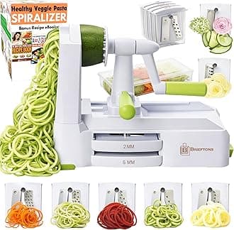 Brieftons 7-Blade Spiralizer: Strongest-and-Heaviest Duty Vegetable Spiral Slicer, Best Veggie Pasta Spaghetti Maker for Low Carb/Paleo/Gluten-Free, with Blade Caddy, Container, Lid & 4 Recipe Ebooks