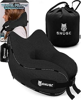 SNUGL Travel Pillow – Memory Foam Neck Pillow for Travel – Support Cushion for Airplane with Carry Bag & Clip - Holiday Essentials (Black - Adult Small)