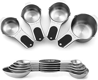 Magnetic Measuring Cups & Spoons Set, Patented, Strong N45 Magnets, Heavy Duty Stainless Steel Fits in Spice Jars for Baking & Cooking, BPA Free, Round Set of 9, Black