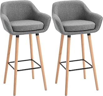 HOMCOM Set of 2 Bar Stools Modern Upholstered Seat Bar Chairs w/Metal Frame, Solid Wood Legs Living Room Dining Room Fabric Furniture - Grey