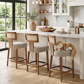 26’’ Rattan Barstools with Back Counter Height Bar Stool Set of 3, Grey PU Leather Modern Kitchen Counter Stools Upholstered Farmhouse Wicker Stool, Boho Bar Stool Chairs with Natural Wood Frame