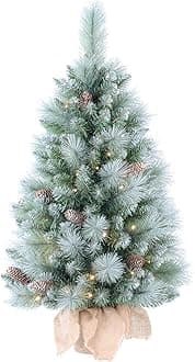 3ft Pre-Lit Mini Snow Christmas Trees with 80 LED Lights, 36" Decorated Burlap Artificial Tabletop Christmas Trees Home Party for Kitchen Home Decor