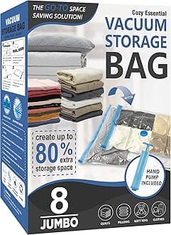 Cozy Essential 8 Jumbo Vacuum Storage Bags, Space Saver Bags Compression Storage Bags for Comforters and Blankets, Vacuum Sealer Bags for Clothes Storage, Hand Pump Included