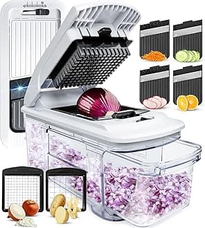 All-in-1 Vegetable Chopper, Mandoline Slicer & Cheese Grater - Multi Blade French Fry Cutter & Veggie Dicer - Includes Bonus Handheld Spiralizer & Kitchen Gadgets (4 in 1,Black/White)