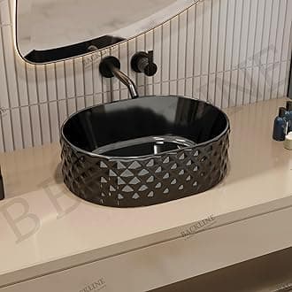 Ceramic Table Top Counter Top Wash Basin Vessel Sink Bathroom Sink Art Basin For Bathroom & Living Room 18 X 13.5 X 5.5 Inches (Only Basin) (Black Glossy)