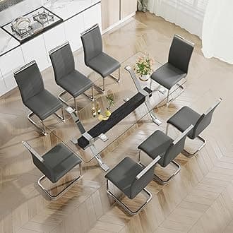 Pvillez Glass Dining Table Set for 8, 9 Piece Dining Room Table Set, 78" Modern Large Glass Kitchen&Dining Room Table with Silver Metal Legs and Black MDF Crossbars & 8 Grey PU Leather Dining Chairs