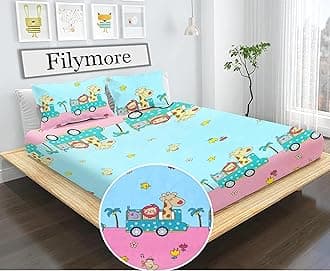 Filymore Kids Animal Train Bedsheet for Girls and Boys Room - Cartoon Print Double Bed Queen Size Tc 240 bedsheet with 2 Pillow Covers (90x90 inches, Peach and SkyBlue)