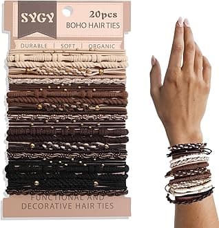 20 PCS Boho Hair Ties, Bracelets Hair Ties for Thick or Thin Hair, 5 Styles Boho Ties for Ponytail Holders, 2.36’’ Hair Ties No-Damage, Neutral Color