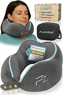 FLOWZOOM Memory Foam Travel Pillow for Airplanes & Car Rides - Adjustable Airplane Pillow with 360° Chin and Neck Support for Comfy Naps, Extra-Soft Washable Neck Pillow Cover, Squeezy Mesh Bag - Grey