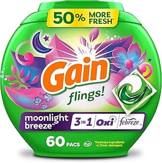 Flings! Laundry Detergent Soap Pacs, HE Compatible, Long Lasting Scent, Moonlight Breeze, 60 Count