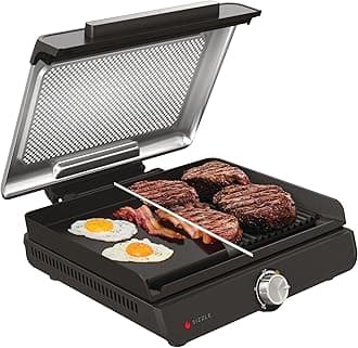 Sizzle Low Smoke Electric Indoor Grill & Flat Plate, 1460W, with Non-Stick Grill Plate & Flat Top Plate, Detachable Dishwasher Safe Lid, Grease Catch & Recipe Guide, Grey GR101UK