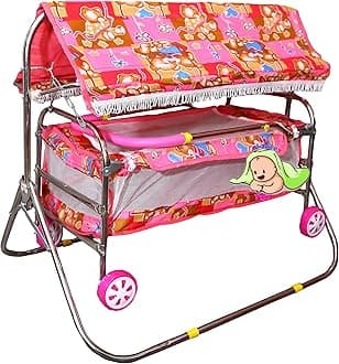 Baby Cradle for Newborn Babies with Deluxe Comfortable Kids jhula palna Swing with Foldable Design with Canopy for 0 to 2 Years .Pink Colour baggi for Boys and Girls (Rose Pink)