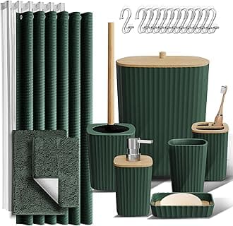 Clara Clark Hunter Green Bathroom Set - 22PC Shower Curtain Set with Rugs, Trash Can, Toothbrush Holder, Soap Dispenser, Toilet Brush & More