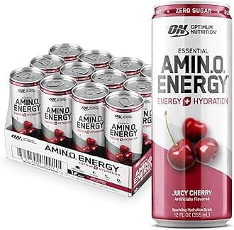 Optimum Nutrition Amino Energy Drink + Electrolytes for Hydration - Sugar Free, Amino Acids, BCAA, Keto Friendly, Sparkling Drink - Juicy Cherry, Pack of 12 (Packaging May Vary)