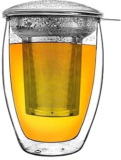 Creano Double Walled Tea Glass with Stainless Steel Filter and Glass Lid - 14oz (400ml)