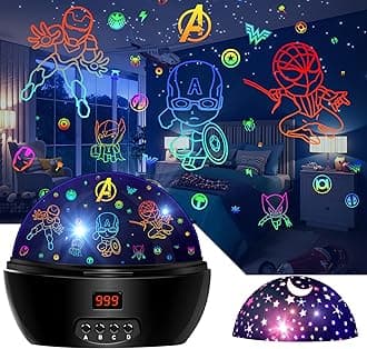 Kid Light Projector Superhero Toys for Boys 5-7 Avengers Night Light Projector with Timer for Kids Room, 360 Degree Rotation Toddler Nightlights with Spiderman Figurine Star Lamps