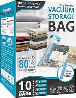 Cozy Essential Vacuum Storage Bags, 80% Compression Vacuum Seal Space Saver Plastic Packaging Bags for Clothes, Blankets, Pillow, Bedding, Comforters, Sealer Clothing Storage,10 Combo