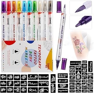 Temporary Tattoo Markers for Skin, 10 Body Dual-End Markers and 56 Tattoo Stencils for Adults Christmas Party, Tattoo Pens Make Bold and Fine Lines ZYH2208001KIT