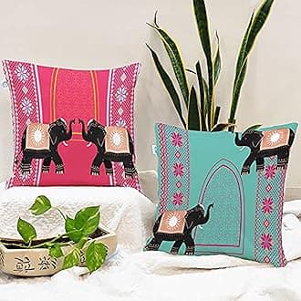 STITCHNEST Elephant Printed Poly Cotton Cushion Covers, Set of 2 (24 x 24 Inches)