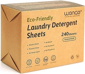 Wenge laundry sheets detergent eco friendly - 240 Sheets - Clear Plastic-Free Naturally Hypoallergenic Liquid Less Washing Sheets for Home Dorm Travel Camping (Unscented)