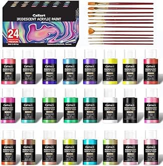 Caliart Iridescent Acrylic Paint with 12 Brushes, 24 Colors (59ml, 2oz) Art Craft Paints for Adults Artists Beginners, Canvas Ceramic Wood Rock Painting Kit, Easter Basket Stuffers Essentials