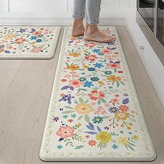 GENIMO Kitchen Mats for Floor 2PCS, Cushioned Kitchen Rugs Non Slip Washable, Farmhouse Anti Fatigue Mat Waterproof, Comfort Standing Mat Rug for Office, Home, Laundry, 17.3"x59"+17.3"x30", SoftWhite