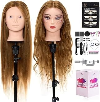 Mannequin Head with 80% Real Human hair- 28" Hair Mannequin Heads for Make up, Braiding Hairdressing Doll Head for Styling with Table Clamp + DIY Hair Styling Set