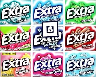 Assorted Chewing Gum, Variety pack Of Extra Long Lasting Flavors, Sugar Free, Receive 8 Flavors plus 1 Extra pack (9 Pack), 1 Sticker Of Our Logo, Package by Bitetwist
