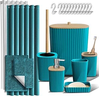 – Clara Clark Bathroom Accessories Set - Bathroom Accessory Set with Shower Curtain Set, Toilet Brush, Trash Can & Soap Dispenser & Rugs (Teal, Complete Set + Bath Rugs)