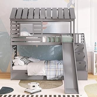 Danxee Stairway House Bed Solid Wood Twin Over Twin Bunk Bed with Trundle and Slide, Storage Staircase, Roof and Window Design for Toddler Kids Teens (Gray)