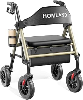 HOMLAND Walkers for Seniors with Seat, Foldable Rollator Walker, Reinforced Aluminum Frame, 8" Big Rubber Wheels for All Terrain, Height Adjustable Lightweight Rolling Walker