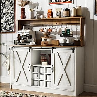 4ever2buy Farmhouse Coffee Bar Cabinet with Hutch, 47 Inch Buffet Cabinet with Storage, White Wine Bar with 9 Wine Racks and 6 Hooks, Coffee Bar Table with Adjustable Shelves for Living Dining Room