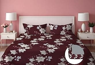 DREAMLET Premium Glace Cotton Elastic Fitted Bedsheets with 2 Full Size Pillow Covers Double Bedsheet with All Around Elastic Supersoft 160TC Size 90×100 inches (Brown White Flowers, Fitted)