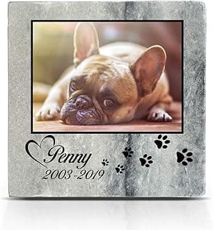 Personalized Memorial Grey Marble Natural Stone Plaque for Pet Cat Dog Frame Paw Grave Marker - Photo and Paw Print - Size | 4" x 4" or 10 x 10 cm|