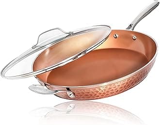 Gotham Steel 14 Inch Nonstick Fry Pan with Lid – Hammered Copper Collection, Premium Aluminum Cookware with Stainless Steel Handles Dishwasher and Oven Safe
