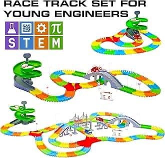 USA Toyz Large Glow Trax Race Tracks for Kids- 380pc Glow in The Dark Race Car Track Set with 360pk Rainbow Flexible Tracks, Roundabout Ramp, Bridges, Ramps, 2 Toy Cars, STEM Toys for Boys and Girls