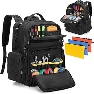 Tool Bag Backpack for Men with 3 Tool Pouches, Heavy-Duty Tool Storage Organizer Bag with Padded Shoulder & Waist Support, Tactical Work Tool Bag for Electrician, Repairman, HVAC Techs, Black