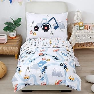 PERFEMET Car Toddler Bedding Kids 4 Pieces Bed in A Bag for Boys Vehicles Truck Toddler Girl Comforter Sets with Bed Sheets Modern Bedroom Collection, White